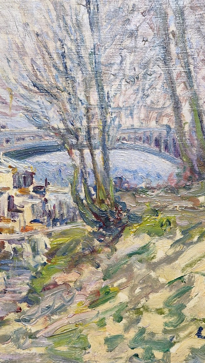 Gaston Domergue 1885-1927 Washing Boat On The Seine In Paris Oil On Paper-photo-4