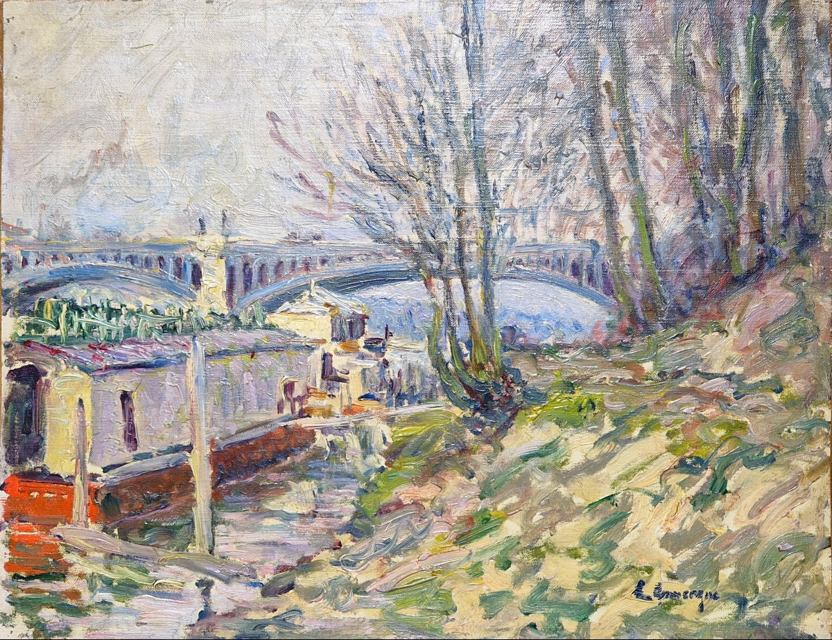 Gaston Domergue 1885-1927 Washing Boat On The Seine In Paris Oil On Paper