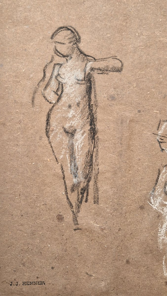 Jean-jacques Henner 1829-1905 Female Nudes Charcoal And White Chalk Drawing-photo-2