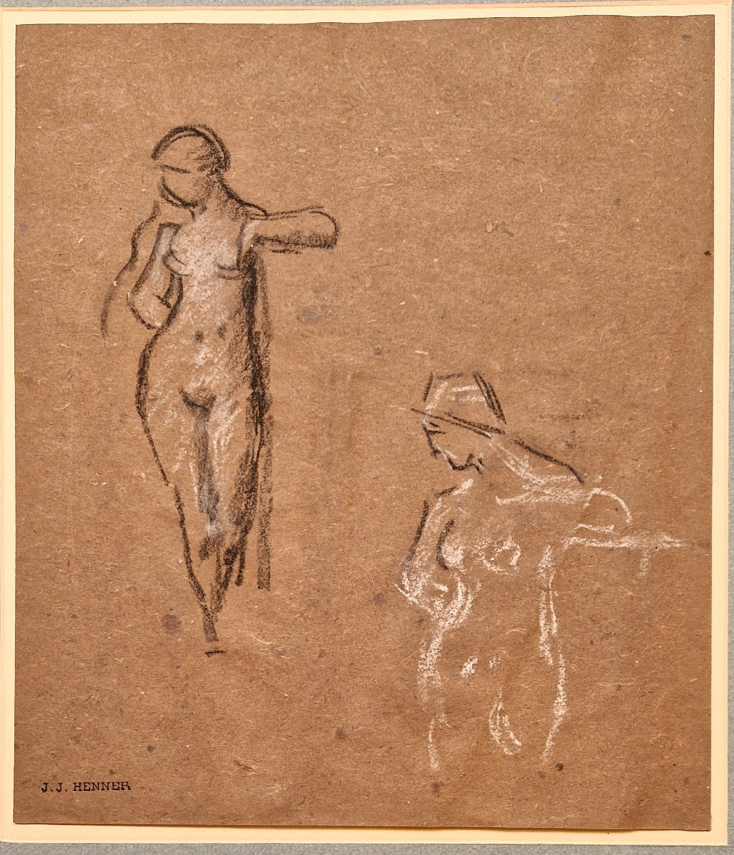 Jean-jacques Henner 1829-1905 Female Nudes Charcoal And White Chalk Drawing