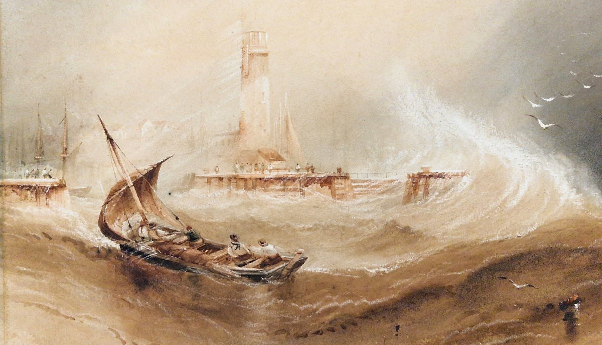 Henry Barlow Carter 1803-1868 Coup de mer face au phare Aquarelle-photo-2