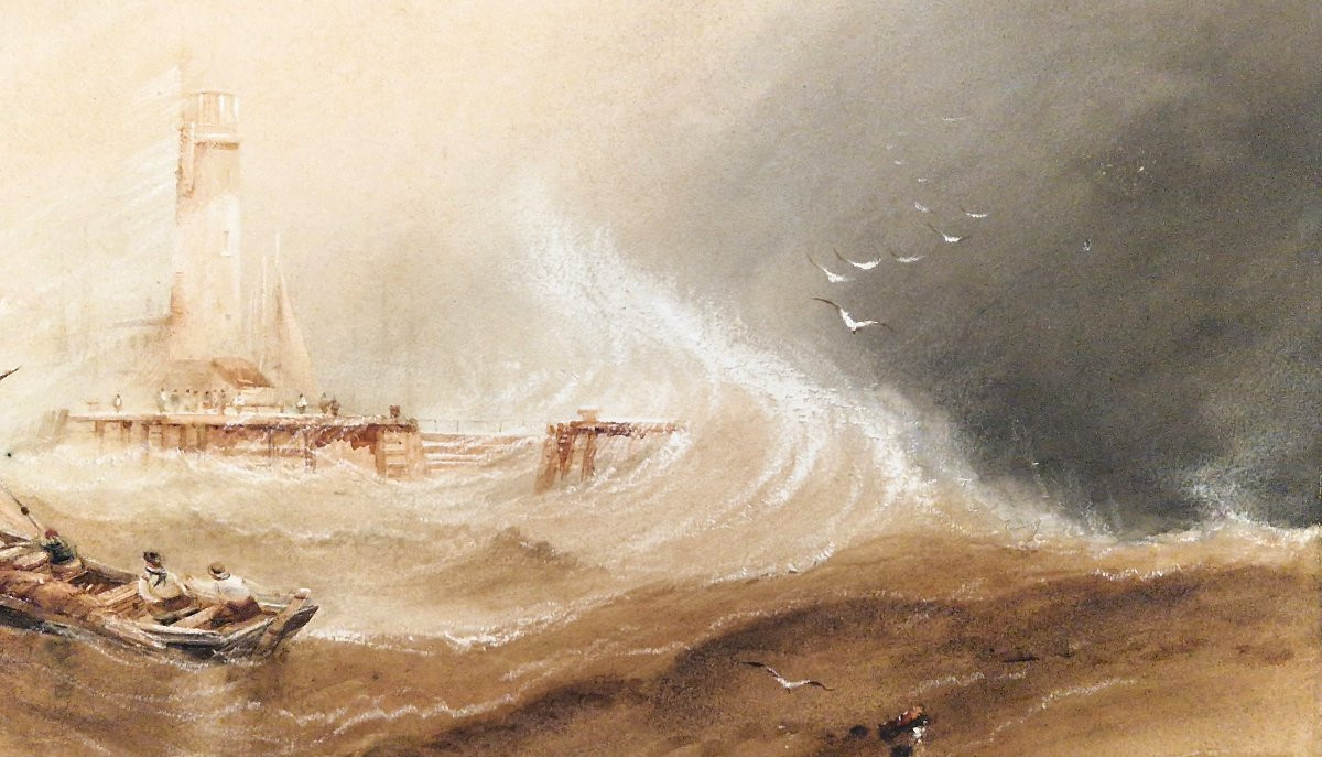 Henry Barlow Carter 1803-1868 Coup de mer face au phare Aquarelle-photo-3