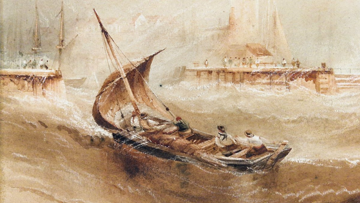 Henry Barlow Carter 1803-1868 Coup de mer face au phare Aquarelle-photo-1