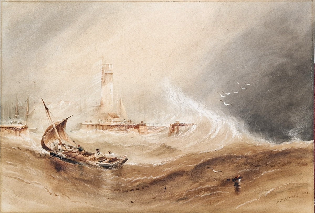 Henry Barlow Carter 1803-1868 Coup de mer face au phare Aquarelle