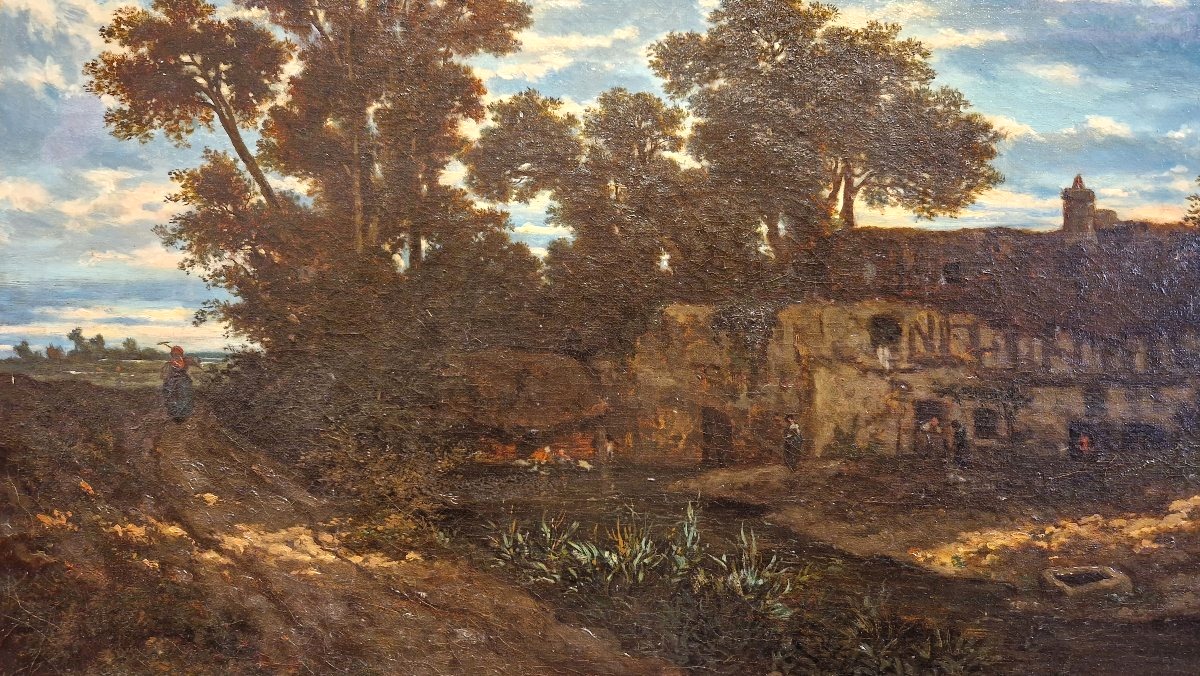 Narcisse Berchère 1819-1891 Ferme au crépuscule Huile sur toile-photo-2