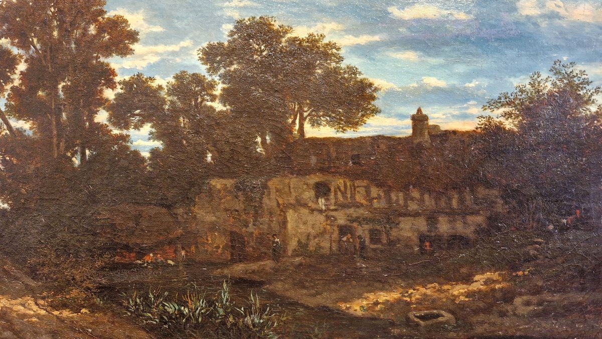 Narcisse Berchère 1819-1891 Ferme au crépuscule Huile sur toile-photo-3
