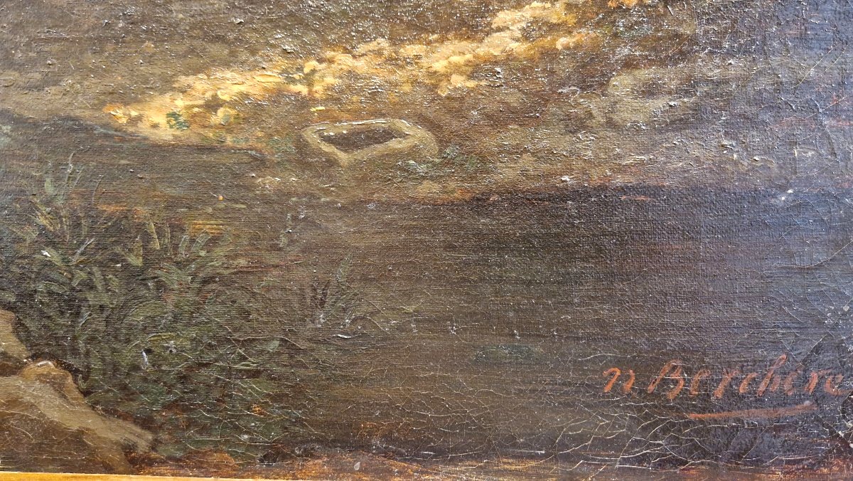 Narcisse Berchère 1819-1891 Ferme au crépuscule Huile sur toile-photo-1