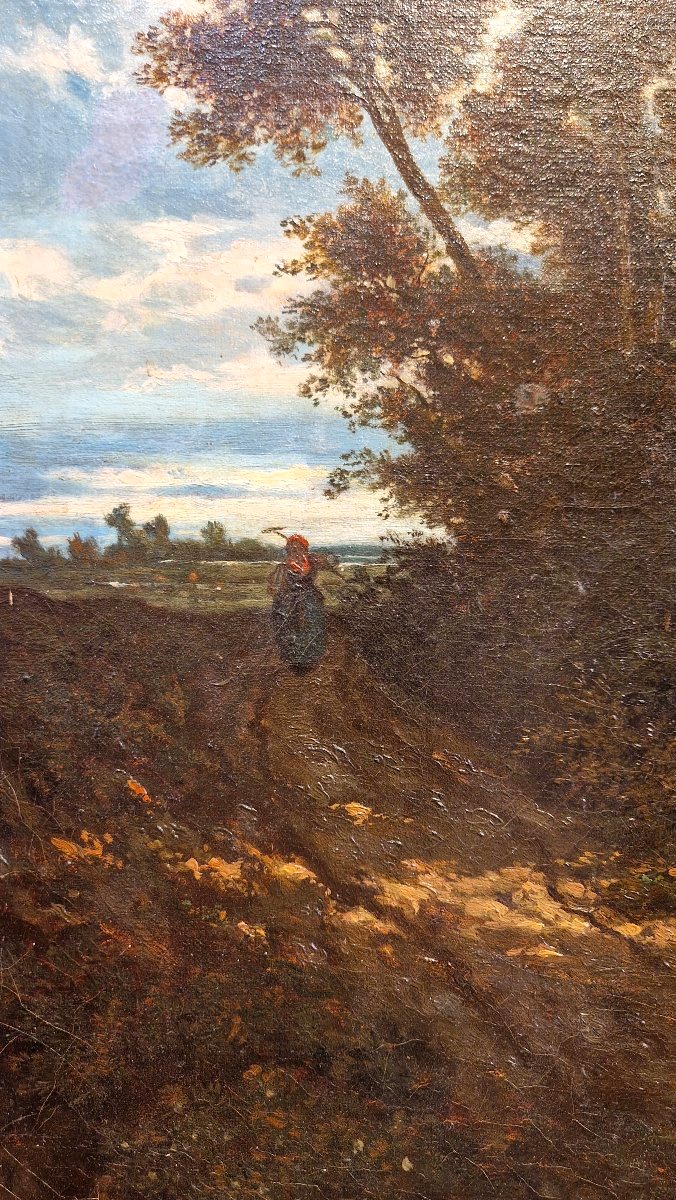 Narcisse Berchère 1819-1891 Ferme au crépuscule Huile sur toile-photo-2