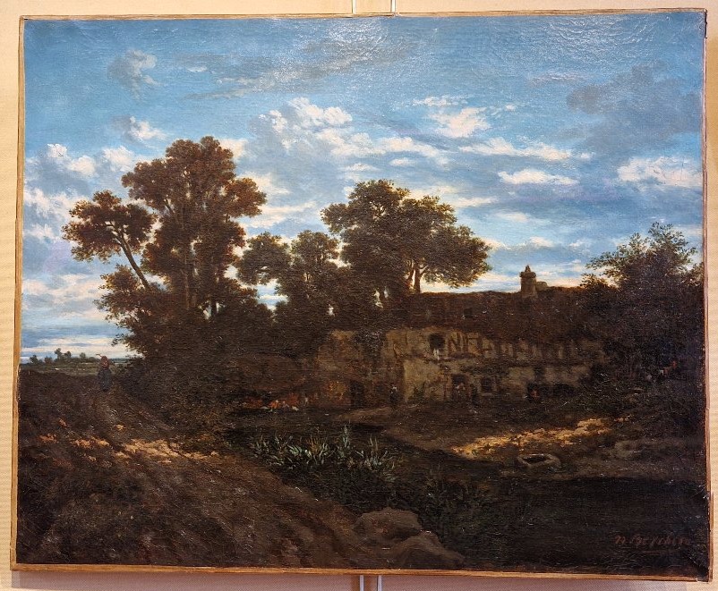 Narcisse Berchère 1819-1891 Ferme au crépuscule Huile sur toile