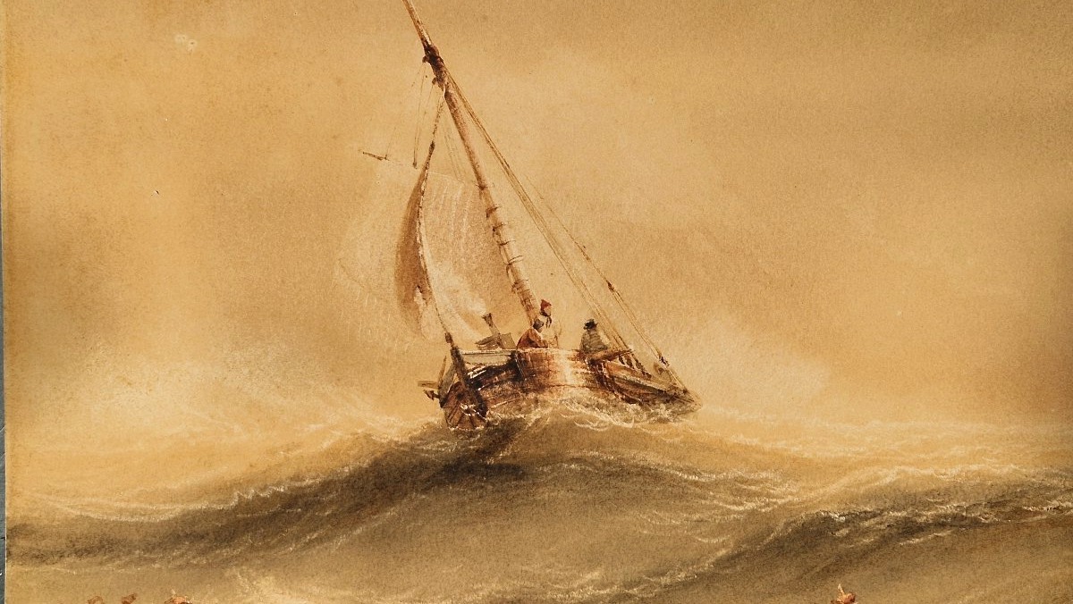 Henry Barlow Carter 1803-1868 Voilier par forte houle Aquarelle-photo-2