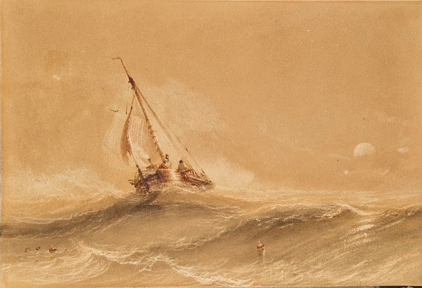 Henry Barlow Carter 1803-1868 Voilier par forte houle Aquarelle