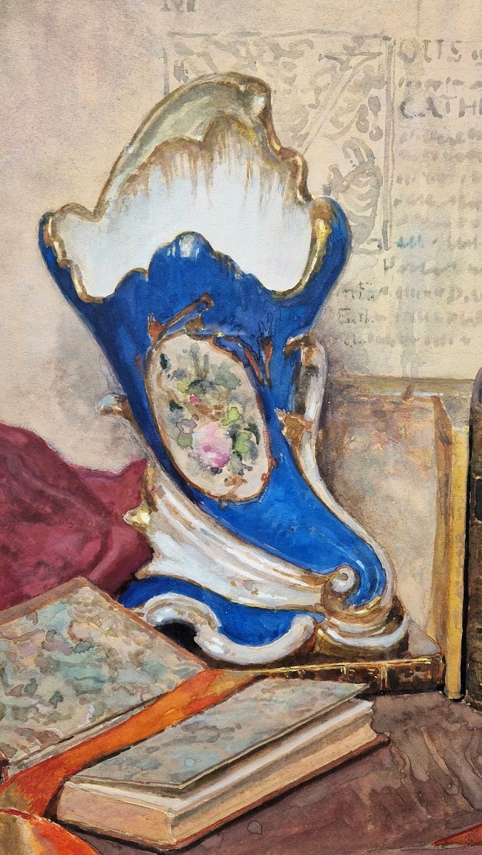 Jacques Georges SCHULTZ-DAL 1894-1964 Nature morte au vase bleu Aquarelle-photo-3