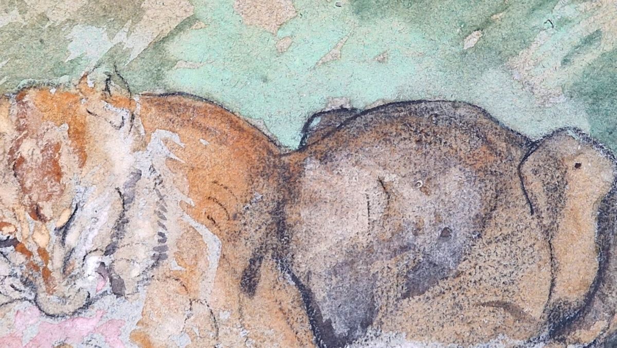 Charles Edmé Saint-Marcel 1819-1890  Le repas du lion Aquarelle et gouache-photo-3
