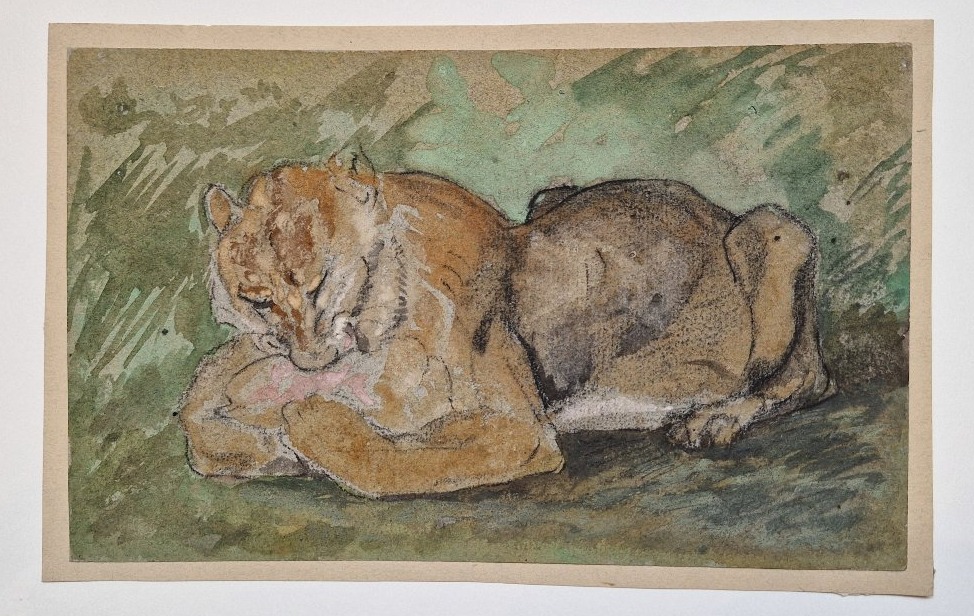 Charles Edmé Saint-Marcel 1819-1890  Le repas du lion Aquarelle et gouache-photo-1
