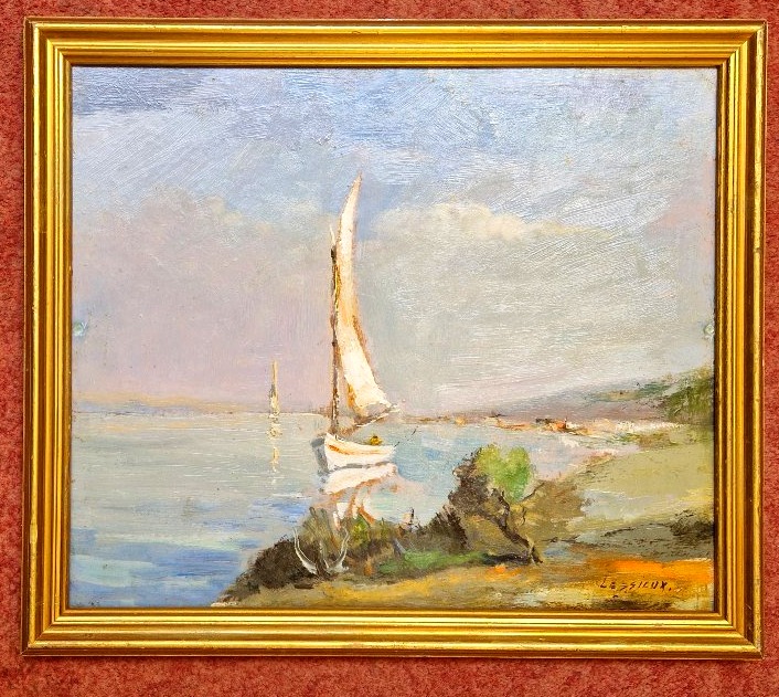 Ernest Lessieux 1848–1925 Sailboat On The Atlantic Coast Oil On Cardboard