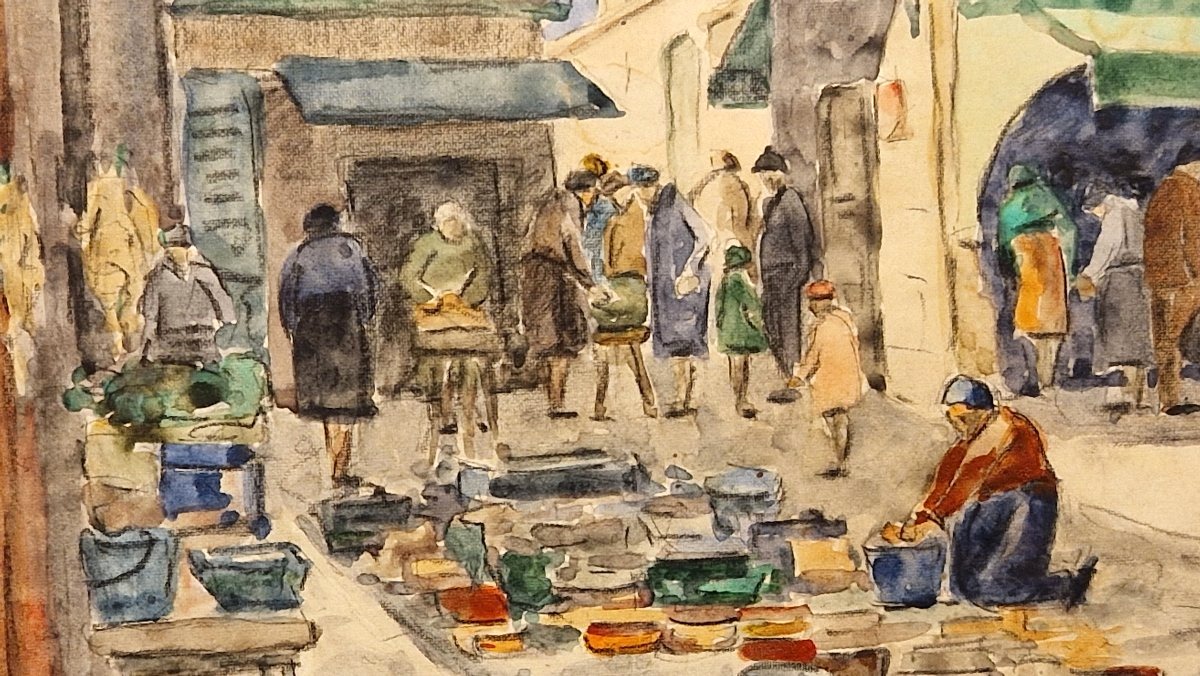 Henri Noizeux Né en 1871 Nice Marché à l'entrée du cours Saleya Aquarelle-photo-3