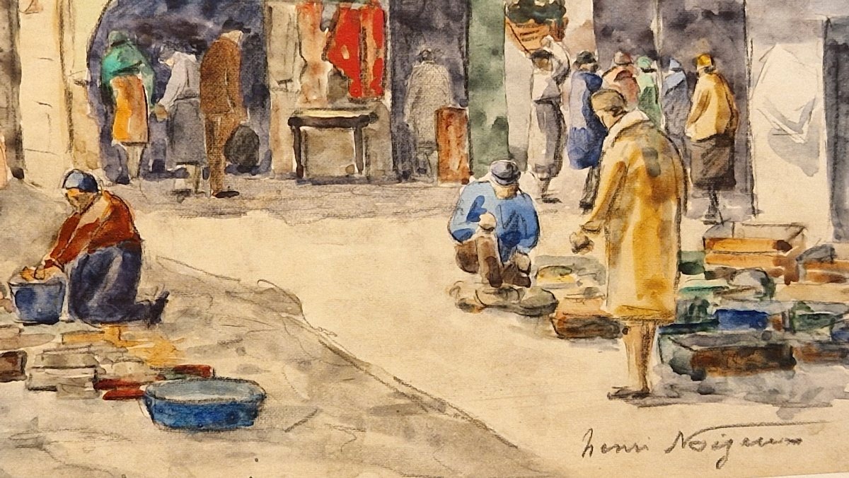 Henri Noizeux Né en 1871 Nice Marché à l'entrée du cours Saleya Aquarelle-photo-4