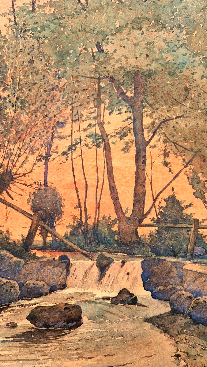 Ernest Designolle 1850-1941 Rivière au crépuscule Aquarelle-photo-2