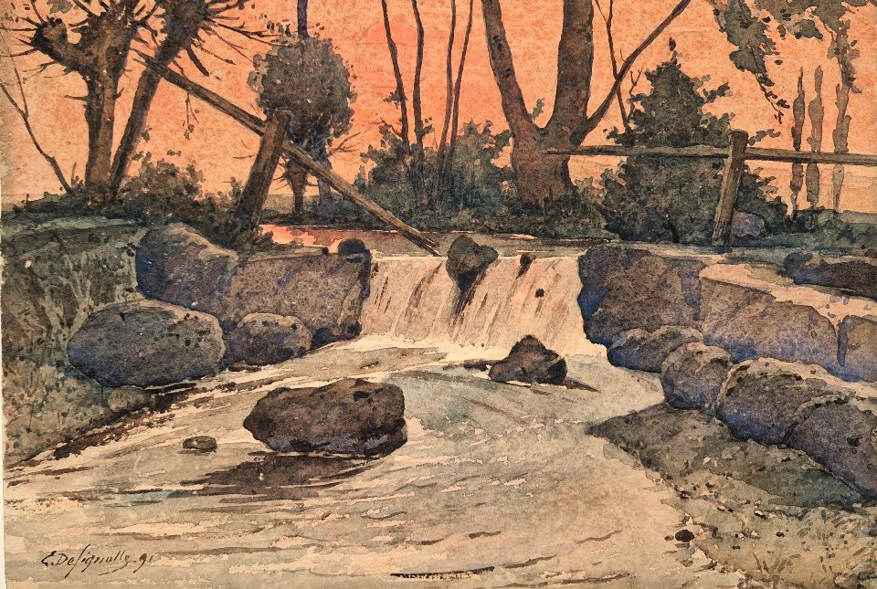 Ernest Designolle 1850-1941 Rivière au crépuscule Aquarelle-photo-3
