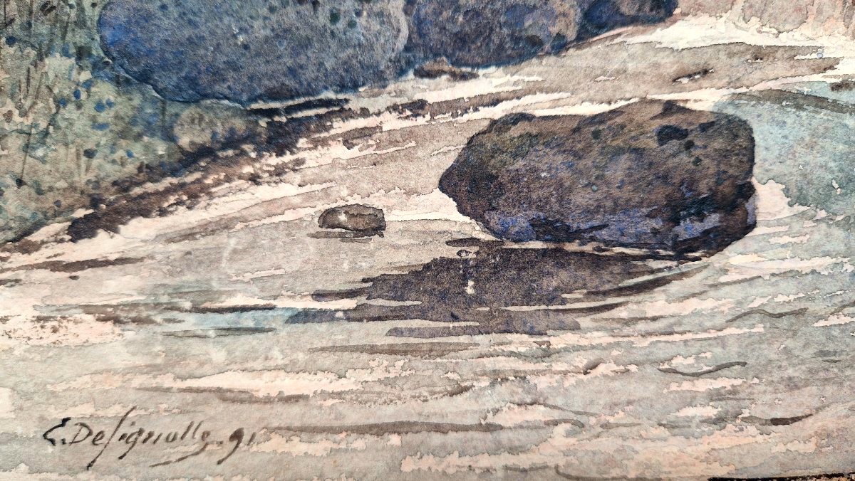 Ernest Designolle 1850-1941 Rivière au crépuscule Aquarelle-photo-4