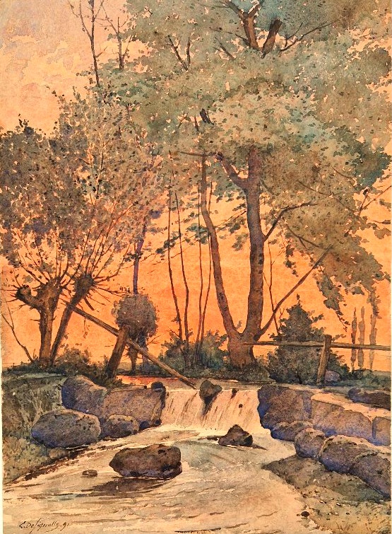 Ernest Designolle 1850-1941 Rivière au crépuscule Aquarelle