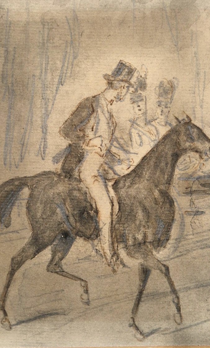 Constantin Guys 1802-1892 Calèche et cavalier. Crayon, lavis brun et gris.-photo-2