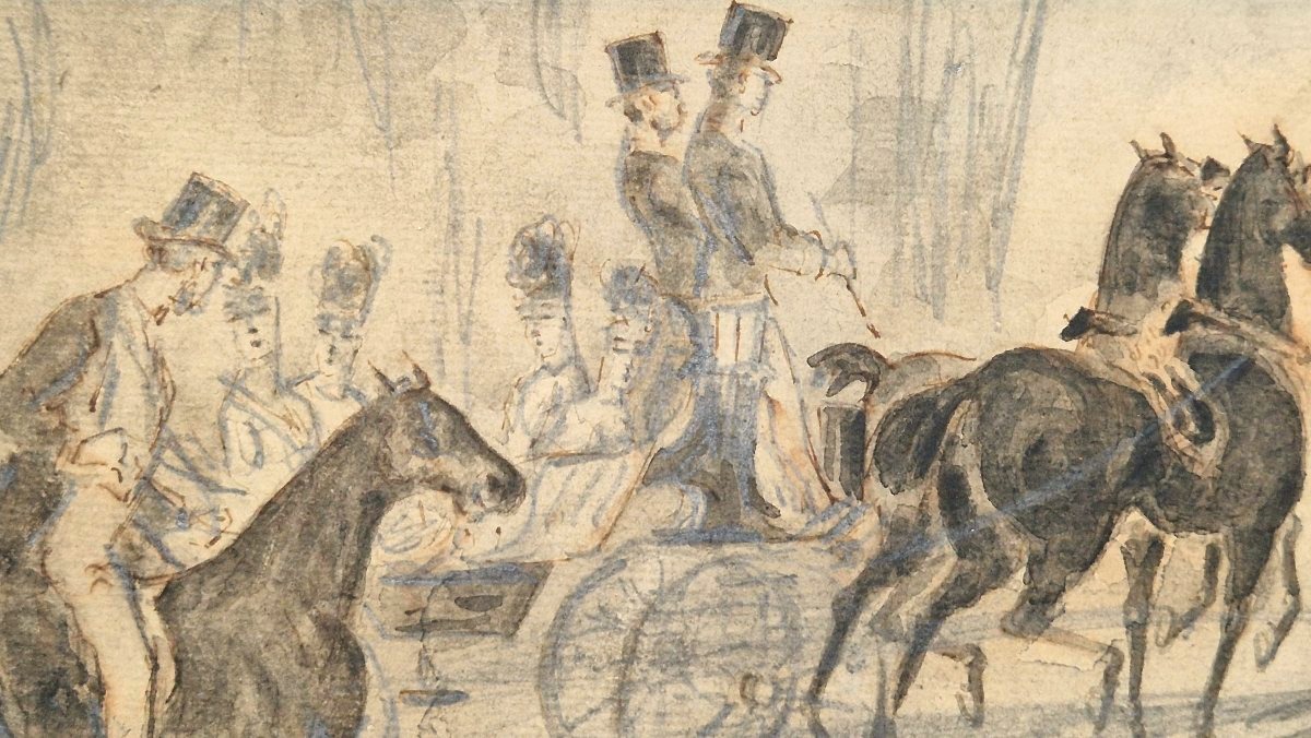Constantin Guys 1802-1892 Calèche et cavalier. Crayon, lavis brun et gris.-photo-4