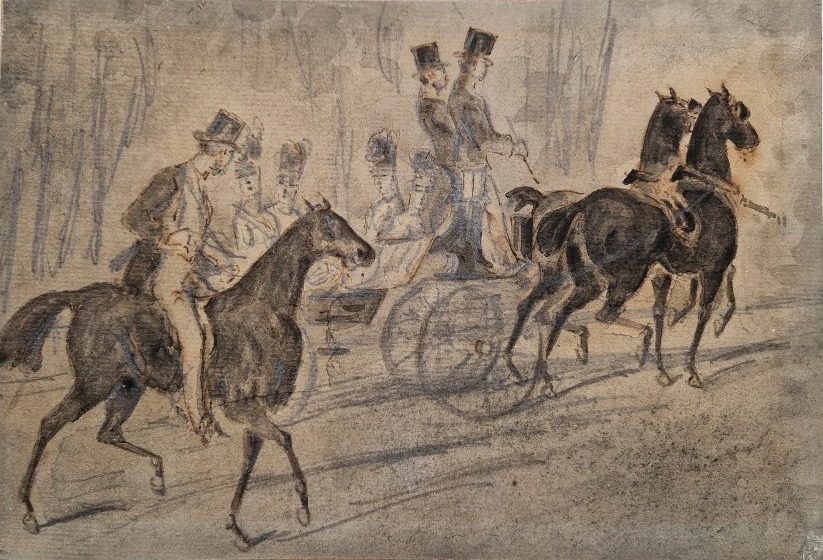 Constantin Guys 1802-1892 Calèche et cavalier. Crayon, lavis brun et gris.