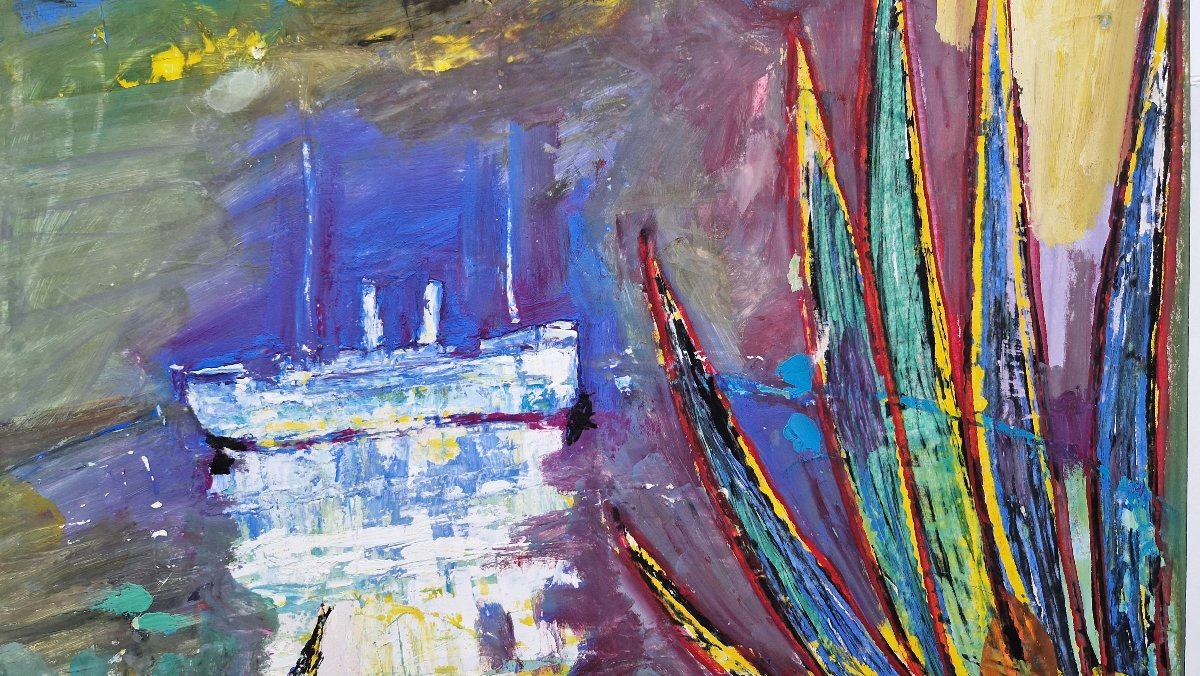 Daniil Andreevitch Solojef 1908-1994 Paquebot à Cannes Acrylique sur papier-photo-3