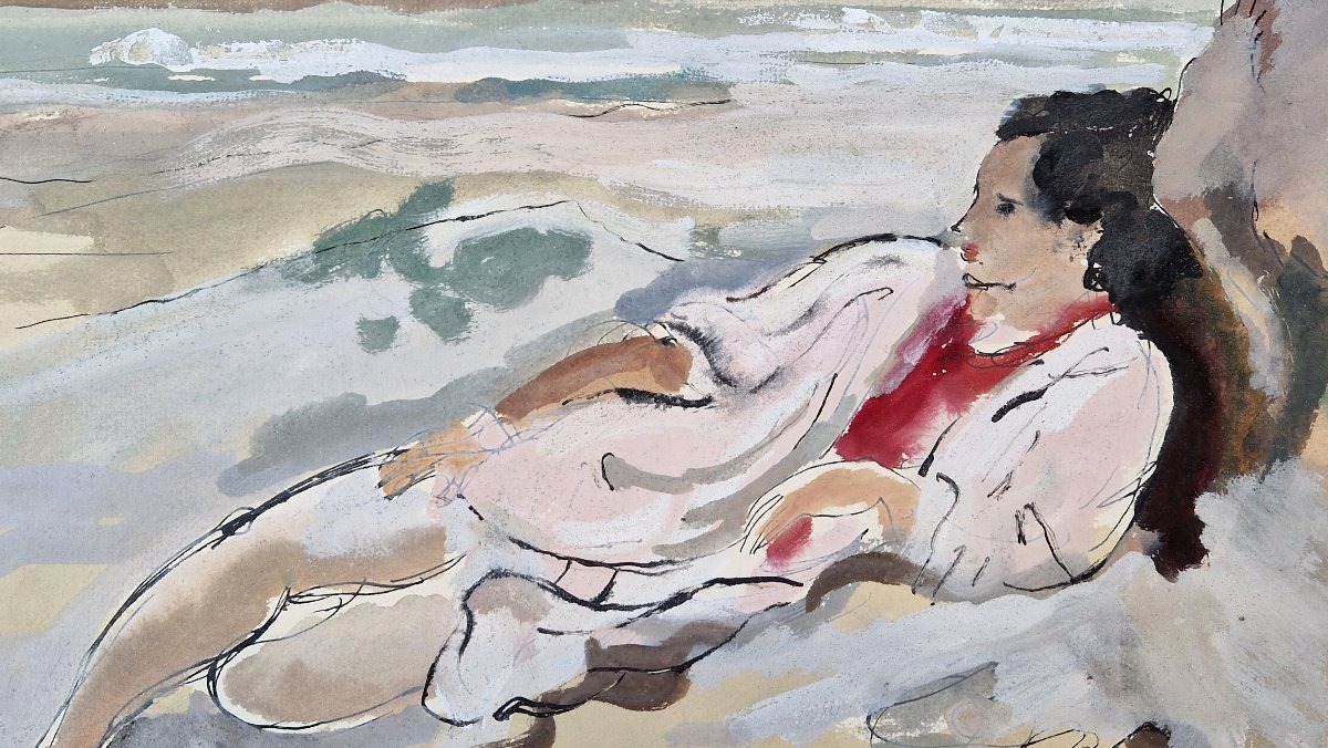 André Planson 1898–1981 Woman Reclining By The Sea Watercolor And Gouache-photo-2