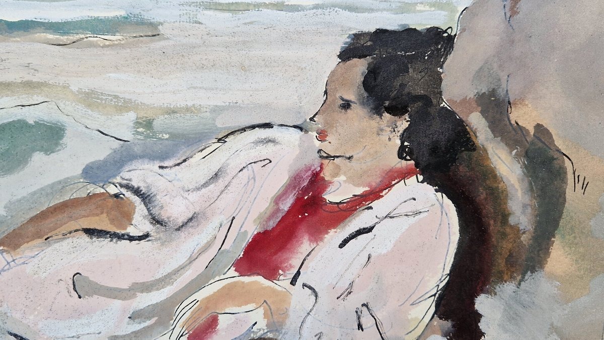 André Planson 1898–1981 Woman Reclining By The Sea Watercolor And Gouache-photo-3