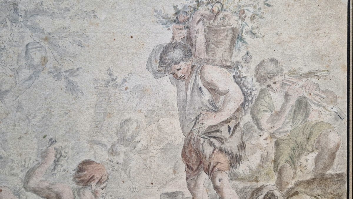 18th-century French School: The Grape Harvest, Watercolor-photo-3