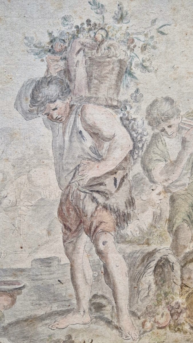 18th-century French School: The Grape Harvest, Watercolor-photo-4