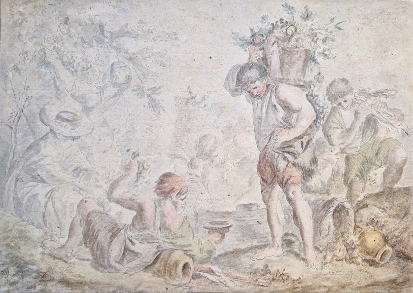 18th-century French School: The Grape Harvest, Watercolor