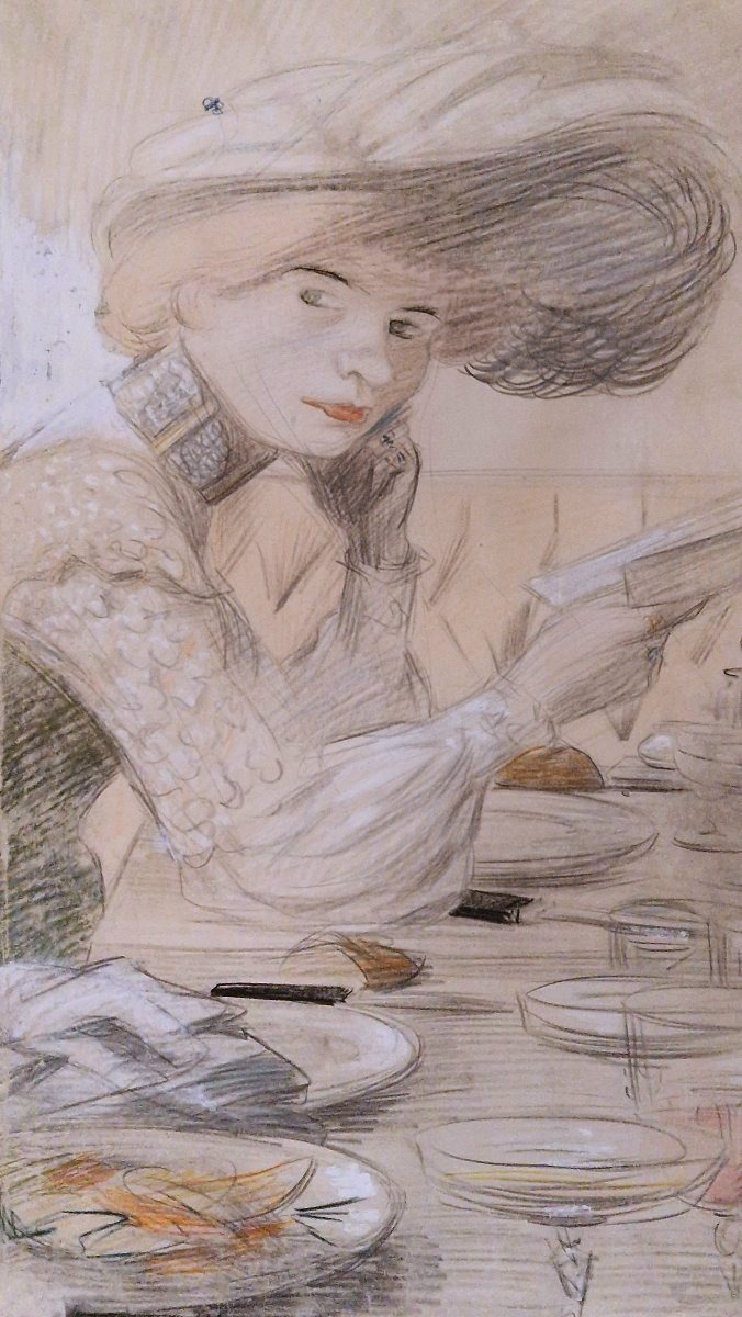 René Georges Hermann-Paul 1864-1940  Elégante au café Dessin au crayon noir et pastel -photo-2