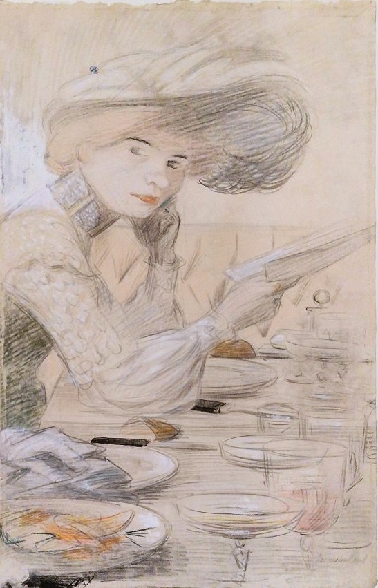 René Georges Hermann-Paul 1864-1940  Elégante au café Dessin au crayon noir et pastel 