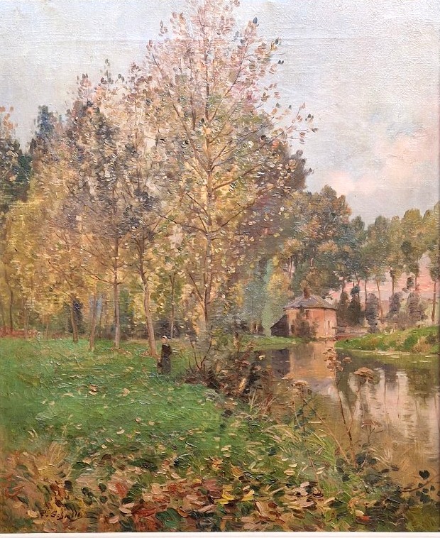 Paul Schmitt 1855-1902 Promeneuses au bord de la rivière Huile sur toile-photo-2