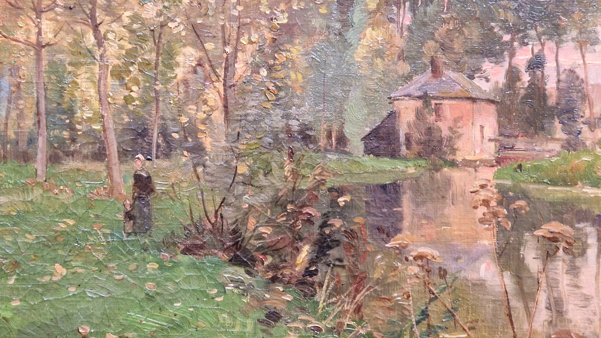 Paul Schmitt 1855-1902 Promeneuses au bord de la rivière Huile sur toile-photo-3