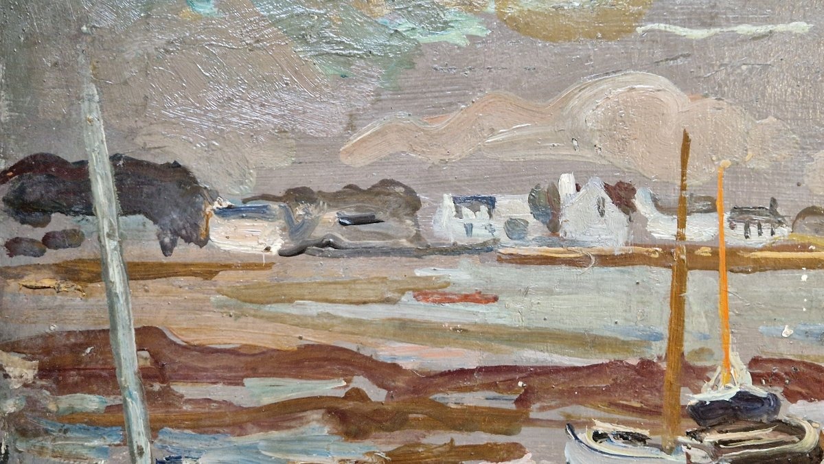 André Planson 1898-1981 Un port breton à marée basse Huile sur carton-photo-2