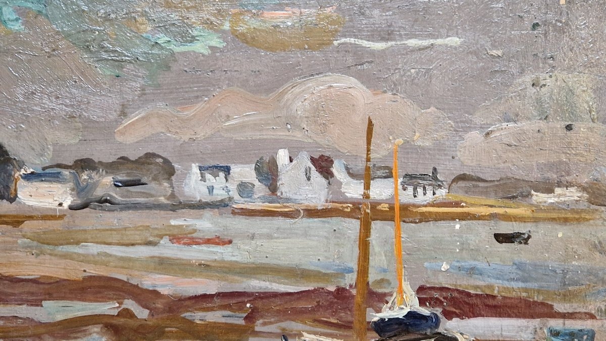 André Planson 1898-1981 Un port breton à marée basse Huile sur carton-photo-3