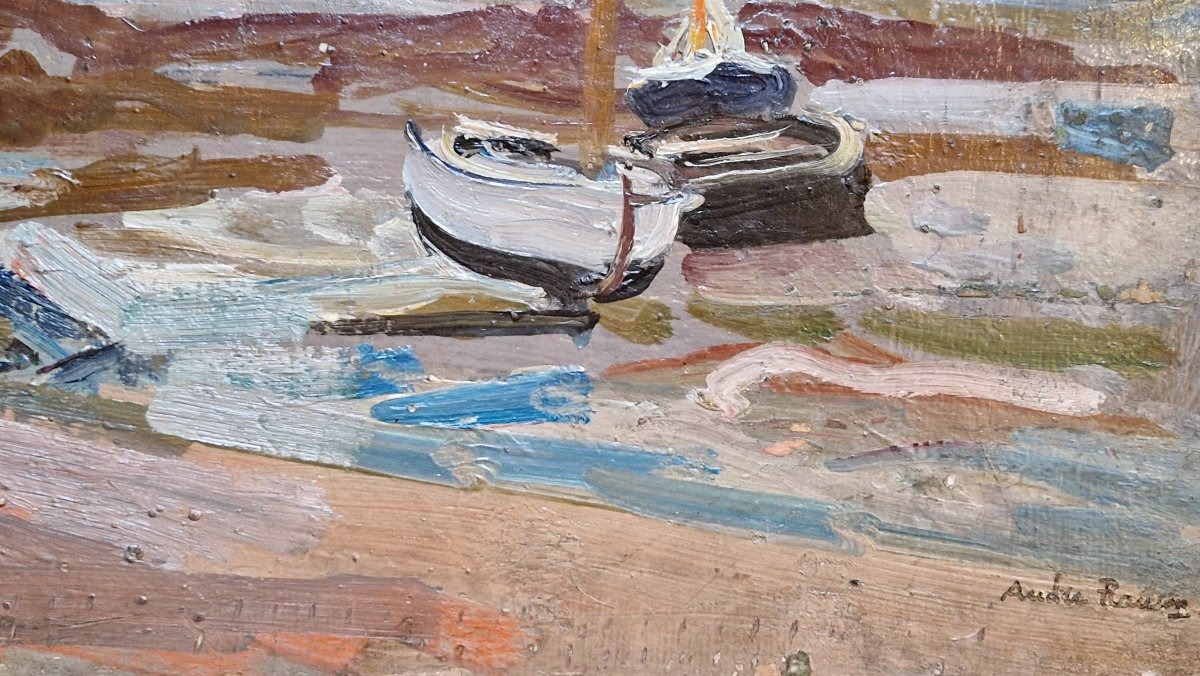 André Planson 1898-1981 Un port breton à marée basse Huile sur carton-photo-1