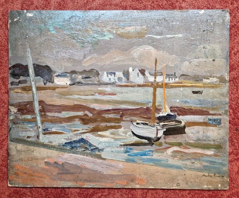 André Planson 1898-1981 Un port breton à marée basse Huile sur carton
