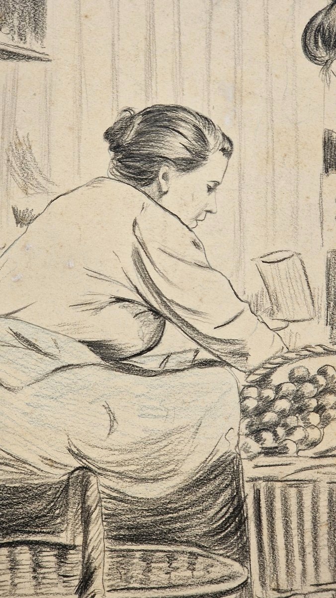 Fernand Piet 1869-1941 Au marché de Clignancourt Dessin au crayon noir.-photo-2