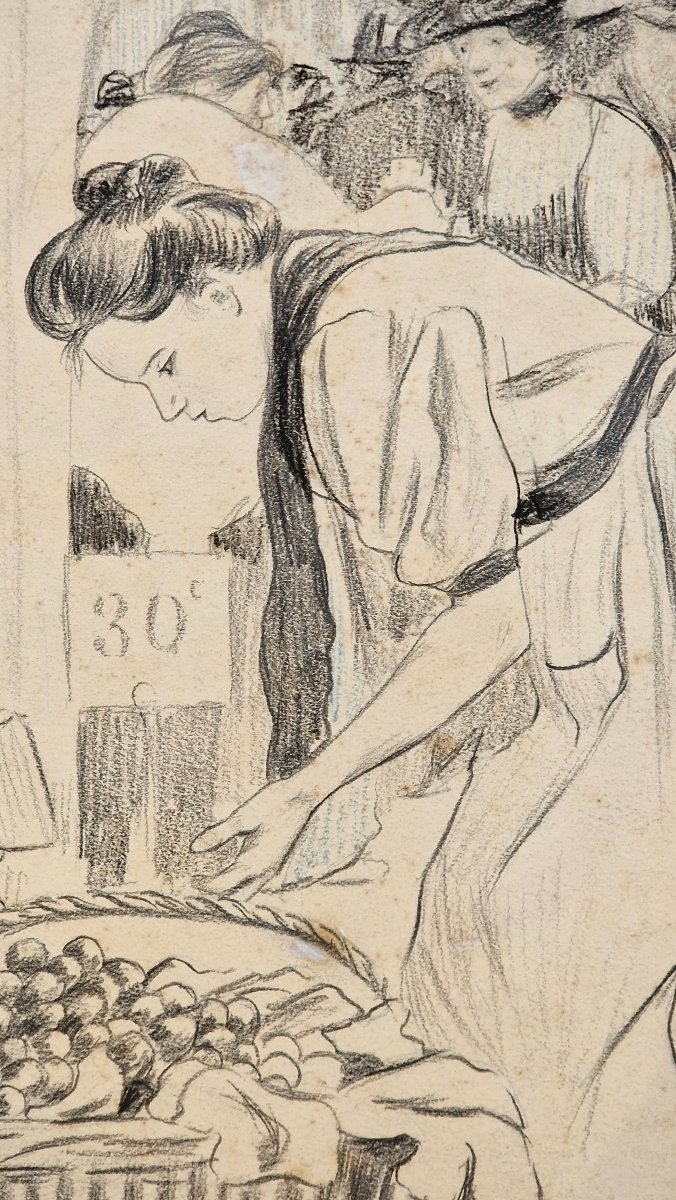 Fernand Piet 1869-1941 Au marché de Clignancourt Dessin au crayon noir.-photo-3