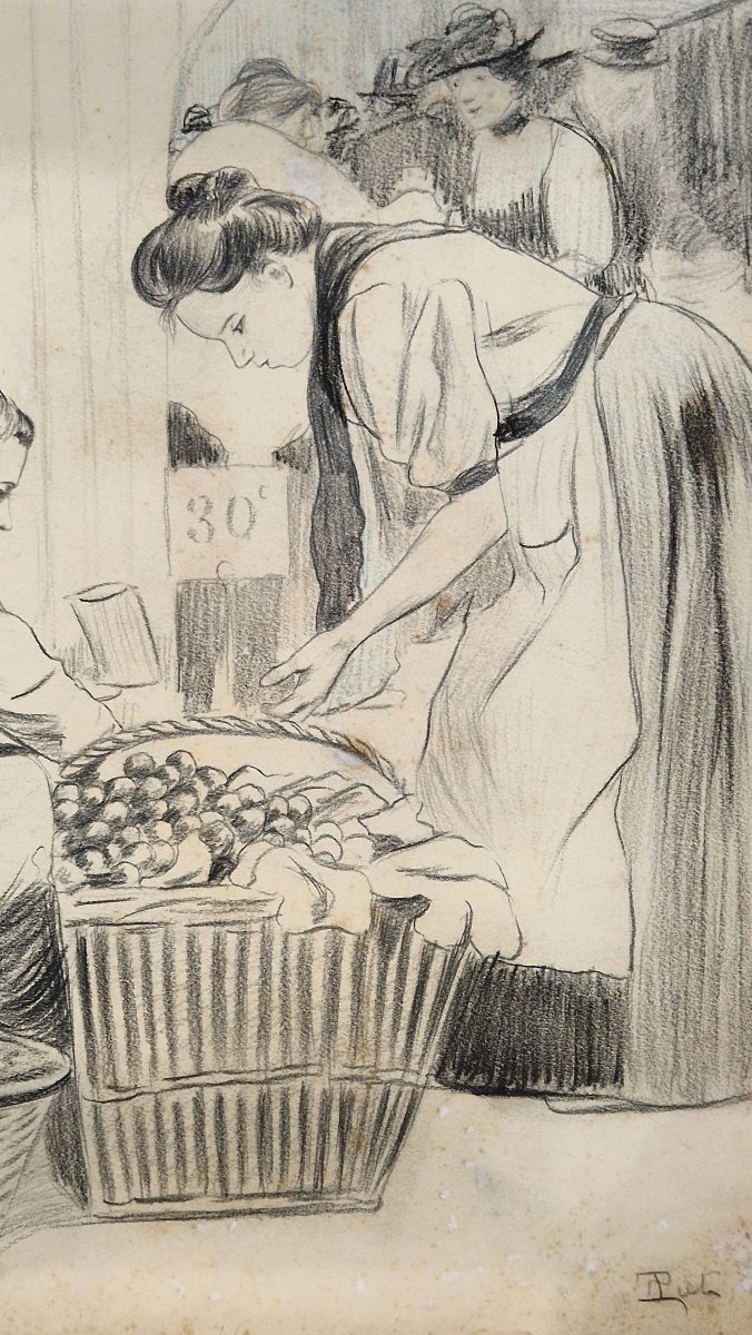 Fernand Piet 1869-1941 Au marché de Clignancourt Dessin au crayon noir.-photo-4