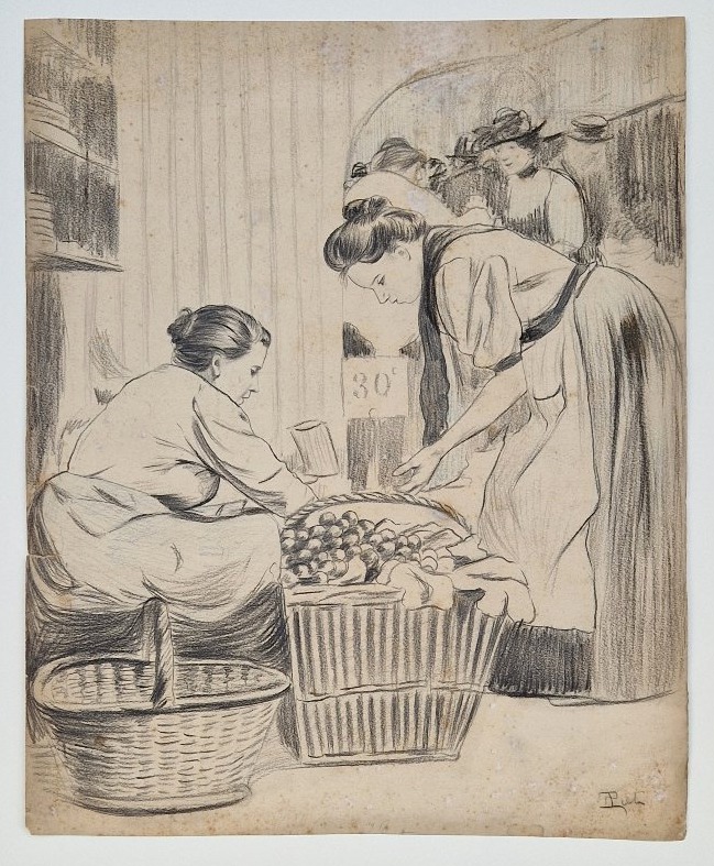 Fernand Piet 1869-1941 Au marché de Clignancourt Dessin au crayon noir.
