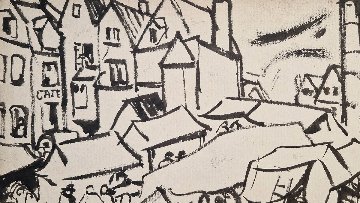 Jules Emile Zingg 1882–1942 Market Day In Auvergne Brush And India Ink Drawing-photo-2