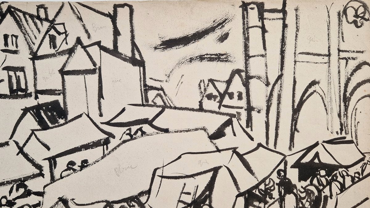Jules Emile Zingg 1882–1942 Market Day In Auvergne Brush And India Ink Drawing-photo-3