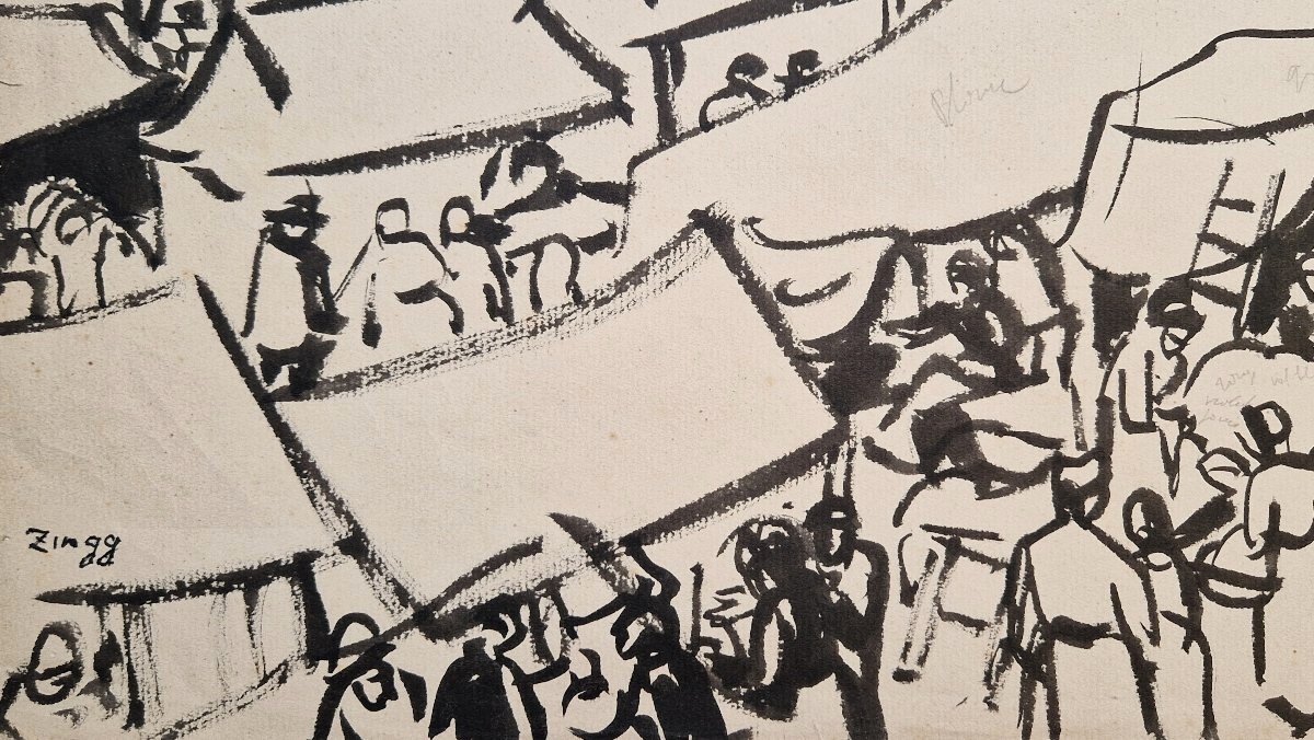 Jules Emile Zingg 1882–1942 Market Day In Auvergne Brush And India Ink Drawing-photo-4