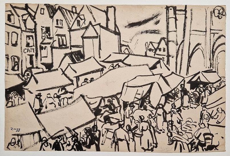 Jules Emile Zingg 1882–1942 Market Day In Auvergne Brush And India Ink Drawing